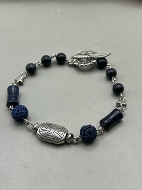 Silver Tone Blue Goldstone Bracelet | Lava Rock Star Celestial Toggle/Boho chic